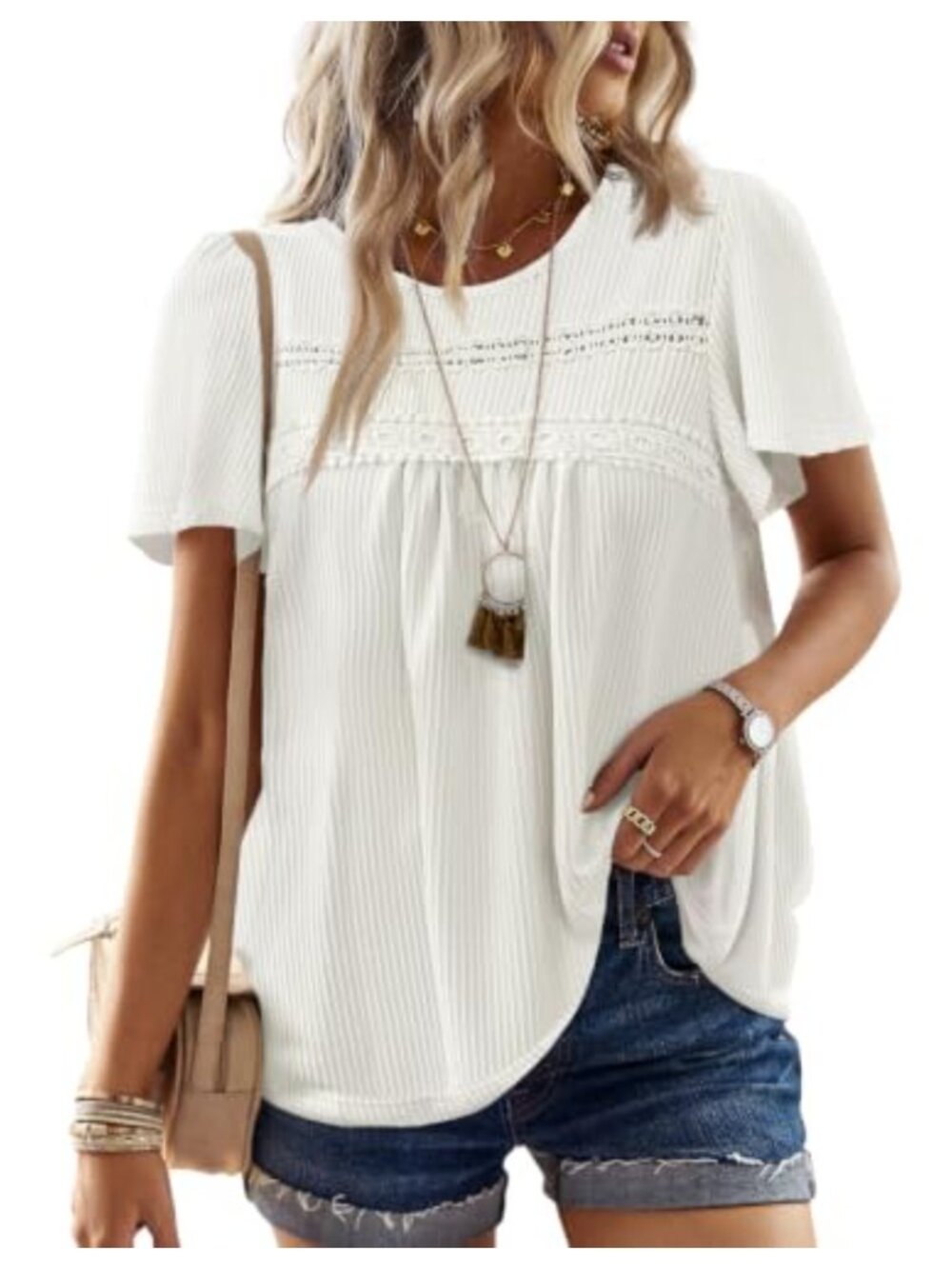 Falechay Womens Boho Ribbed Crochet Short Sleeve Blouse Loose Fit